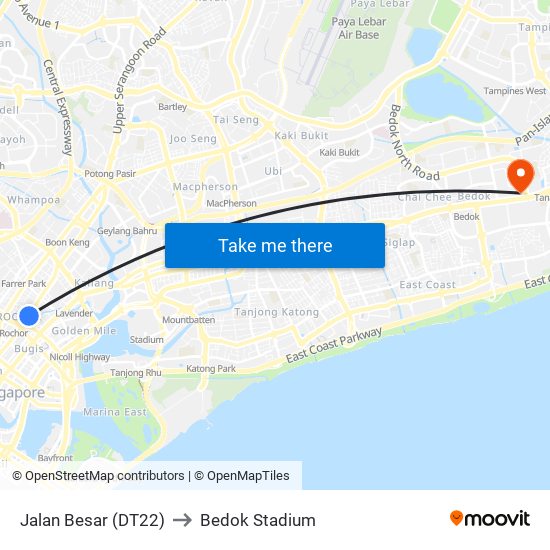 Jalan Besar (DT22) to Bedok Stadium map