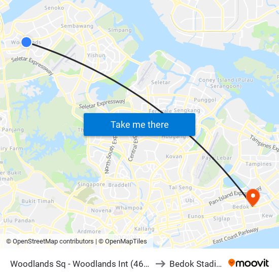 Woodlands Sq - Woodlands Int (46009) to Bedok Stadium map