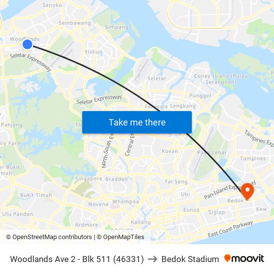 Woodlands Ave 2 - Blk 511 (46331) to Bedok Stadium map