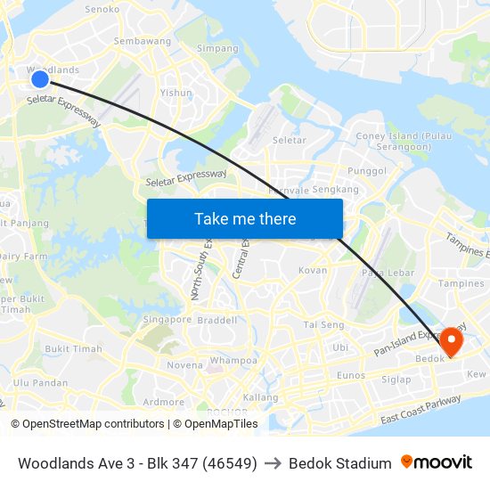 Woodlands Ave 3 - Blk 347 (46549) to Bedok Stadium map