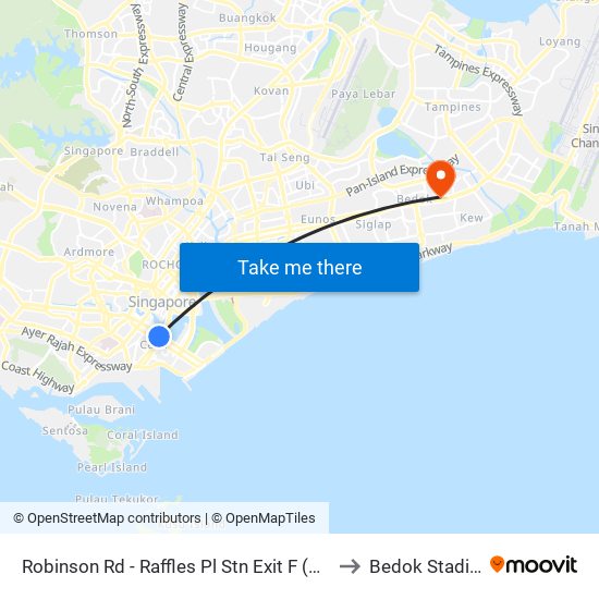 Robinson Rd - Raffles Pl Stn Exit F (03031) to Bedok Stadium map