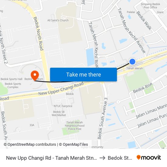 New Upp Changi Rd - Tanah Merah Stn Exit B (85091) to Bedok Stadium map
