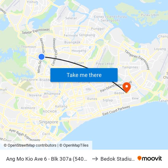 Ang Mo Kio Ave 6 - Blk 307a (54019) to Bedok Stadium map