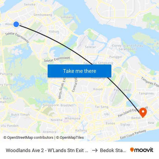 Woodlands Ave 2 - W'Lands Stn Exit 5 (46631) to Bedok Stadium map