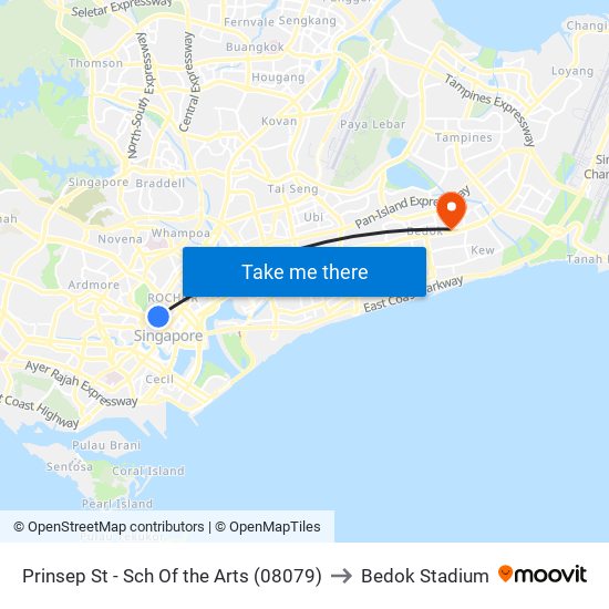 Prinsep St - Sch Of the Arts (08079) to Bedok Stadium map