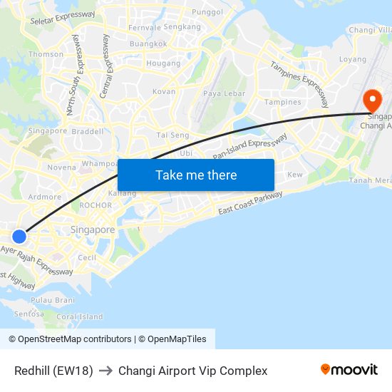 Redhill (EW18) to Changi Airport Vip Complex map