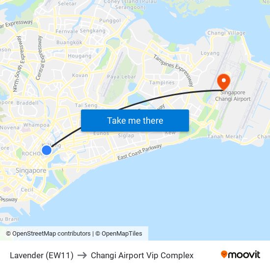 Lavender (EW11) to Changi Airport Vip Complex map
