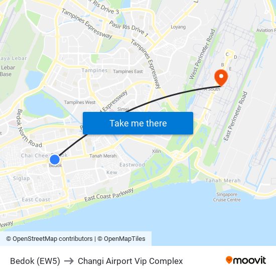 Bedok (EW5) to Changi Airport Vip Complex map