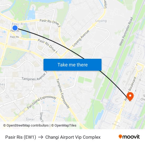 Pasir Ris (EW1) to Changi Airport Vip Complex map
