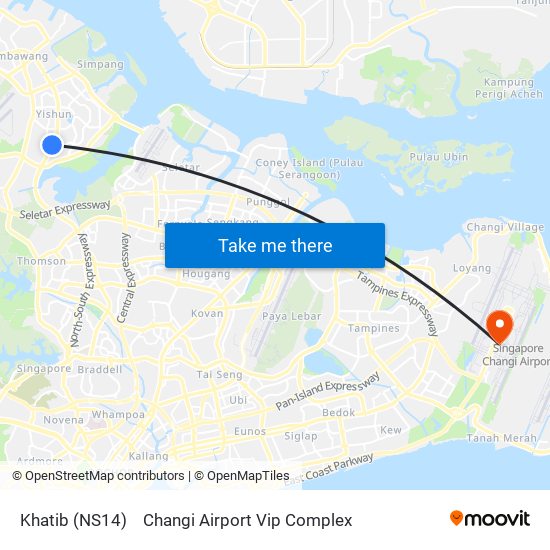 Khatib (NS14) to Changi Airport Vip Complex map