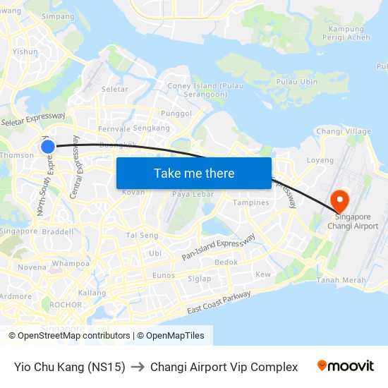 Yio Chu Kang (NS15) to Changi Airport Vip Complex map