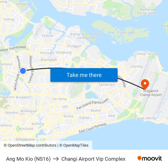 Ang Mo Kio (NS16) to Changi Airport Vip Complex map