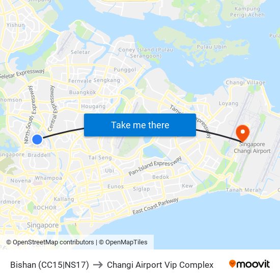 Bishan (CC15|NS17) to Changi Airport Vip Complex map