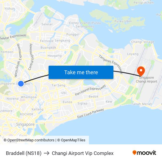 Braddell (NS18) to Changi Airport Vip Complex map