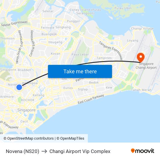 Novena (NS20) to Changi Airport Vip Complex map