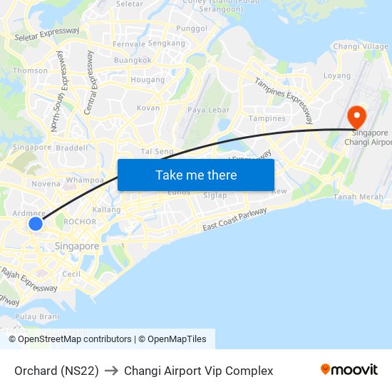 Orchard (NS22) to Changi Airport Vip Complex map