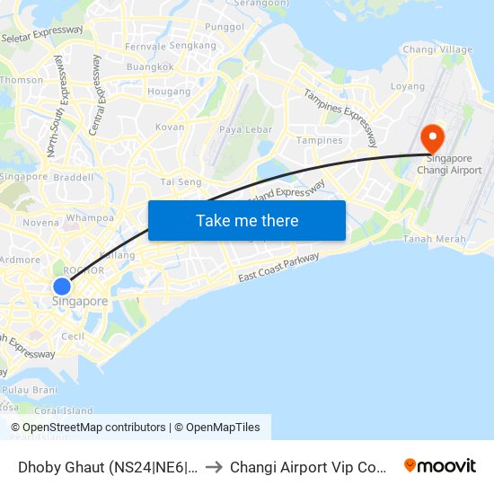 Dhoby Ghaut (NS24|NE6|CC1) to Changi Airport Vip Complex map