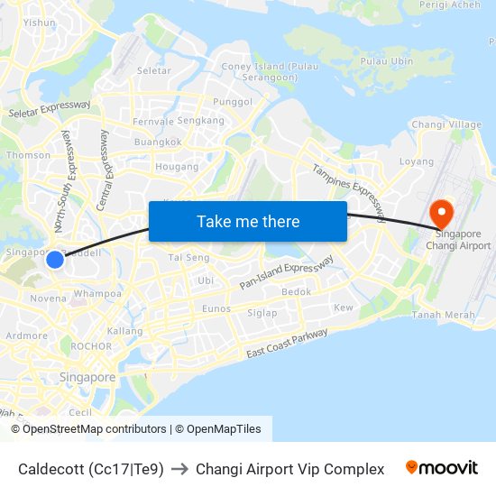 Caldecott (Cc17|Te9) to Changi Airport Vip Complex map