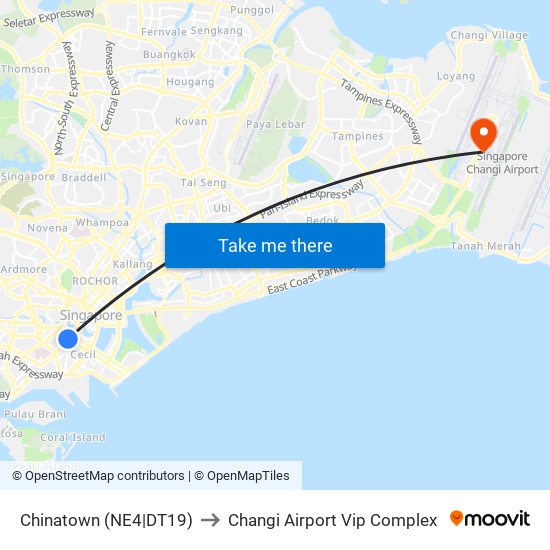 Chinatown (NE4|DT19) to Changi Airport Vip Complex map