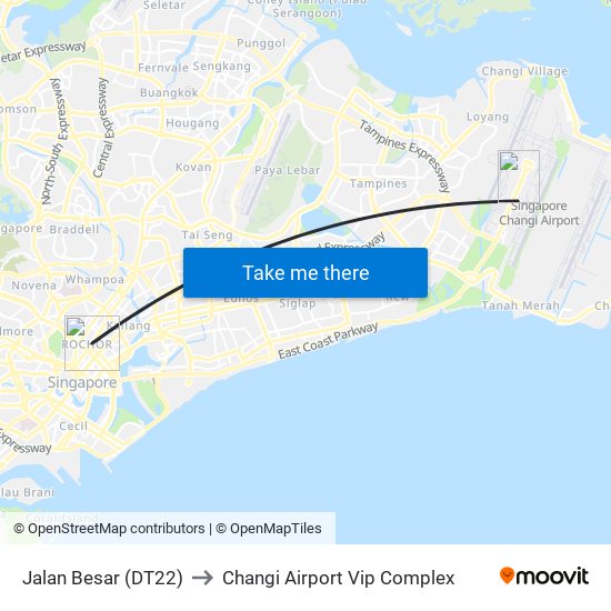 Jalan Besar (DT22) to Changi Airport Vip Complex map