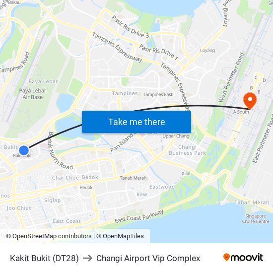 Kakit Bukit (DT28) to Changi Airport Vip Complex map