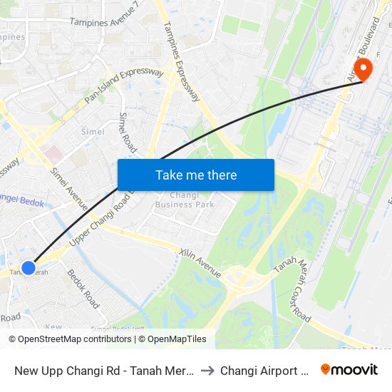 New Upp Changi Rd - Tanah Merah Stn Exit A (85099) to Changi Airport Vip Complex map