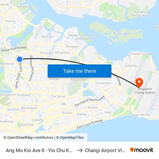 Ang Mo Kio Ave 8 - Yio Chu Kang Int (55509) to Changi Airport Vip Complex map
