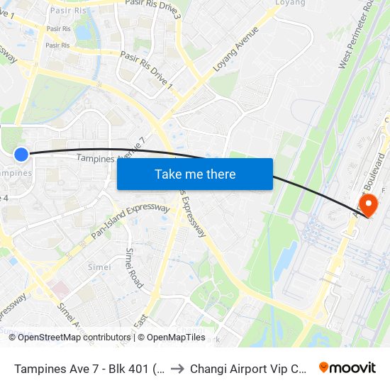 Tampines Ave 7 - Blk 401 (76191) to Changi Airport Vip Complex map