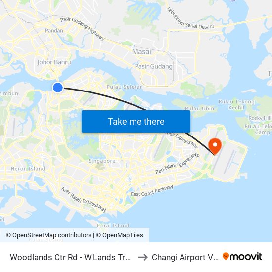 Woodlands Ctr Rd - W'Lands Train Checkpt (46069) to Changi Airport Vip Complex map