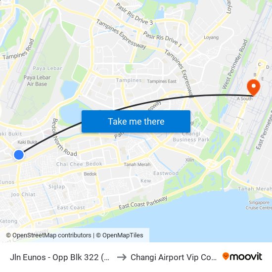 Jln Eunos - Opp Blk 322 (72019) to Changi Airport Vip Complex map