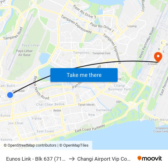 Eunos Link - Blk 637 (71091) to Changi Airport Vip Complex map