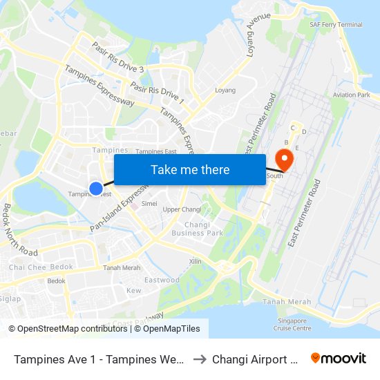 Tampines Ave 1 - Tampines West Stn Exit B (75051) to Changi Airport Vip Complex map