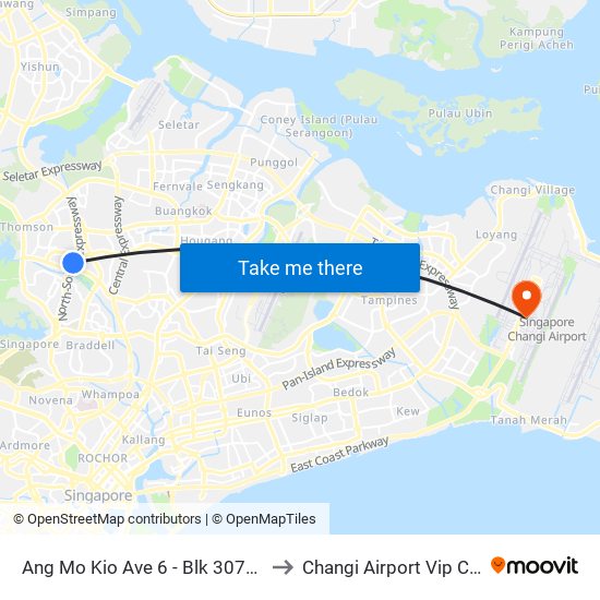 Ang Mo Kio Ave 6 - Blk 307a (54019) to Changi Airport Vip Complex map