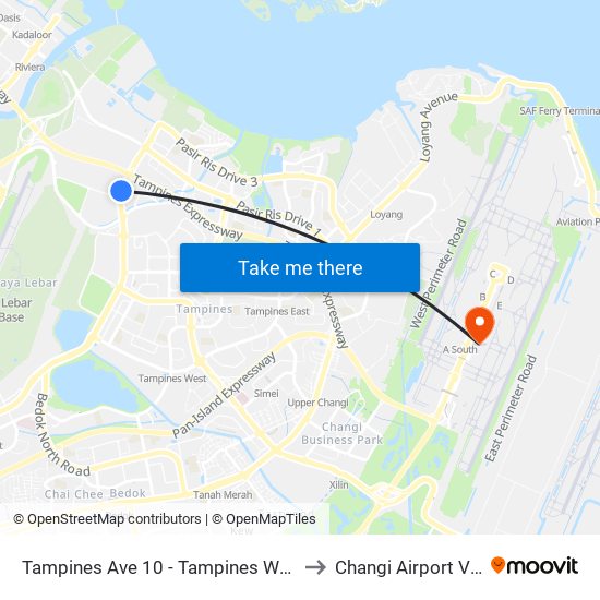 Tampines Ave 10 - Tampines Wafer Fab Pk (75351) to Changi Airport Vip Complex map