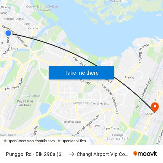 Punggol Rd - Blk 298a (65061) to Changi Airport Vip Complex map