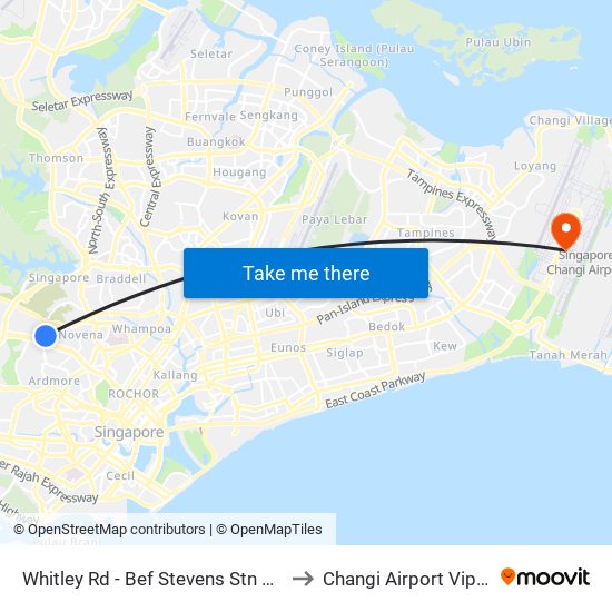 Whitley Rd - Bef Stevens Stn Exit 4 (40239) to Changi Airport Vip Complex map