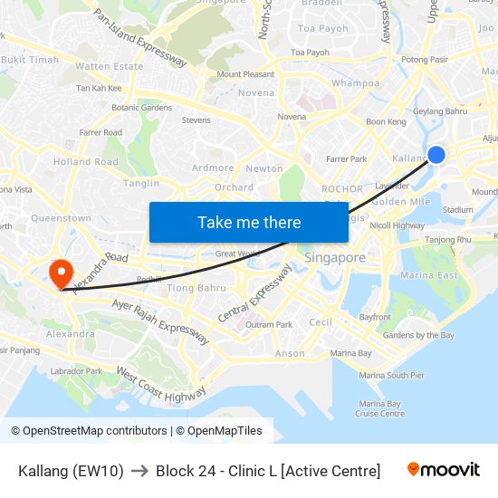 Kallang (EW10) to Block 24 - Clinic L [Active Centre] map
