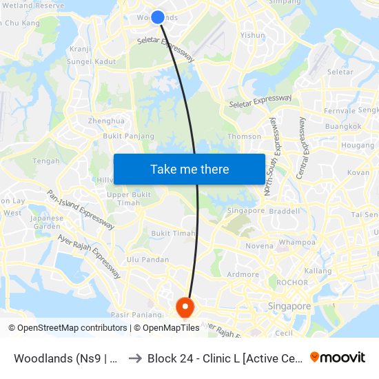 Woodlands (Ns9 | Te2) to Block 24 - Clinic L [Active Centre] map