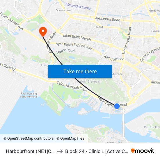 Harbourfront (NE1|CC29) to Block 24 - Clinic L [Active Centre] map