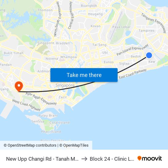 New Upp Changi Rd - Tanah Merah Stn Exit A (85099) to Block 24 - Clinic L [Active Centre] map