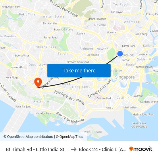 Bt Timah Rd - Little India Stn Exit A (40011) to Block 24 - Clinic L [Active Centre] map