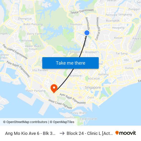 Ang Mo Kio Ave 6 - Blk 307a (54019) to Block 24 - Clinic L [Active Centre] map