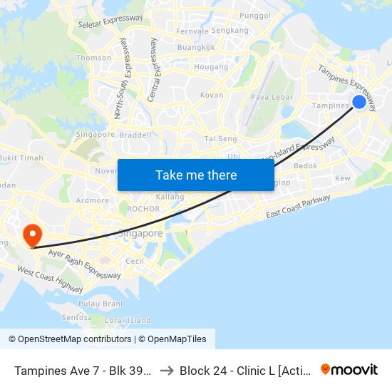 Tampines Ave 7 - Blk 390 (76239) to Block 24 - Clinic L [Active Centre] map