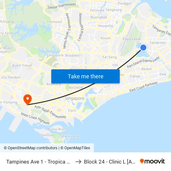 Tampines Ave 1 - Tropica Condo (75259) to Block 24 - Clinic L [Active Centre] map