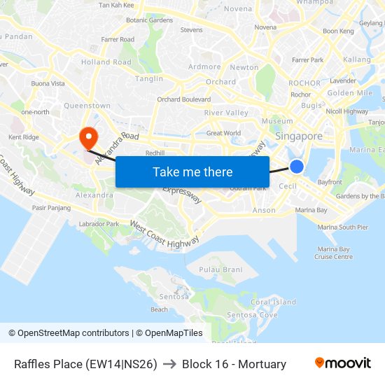Raffles Place (EW14|NS26) to Block 16 - Mortuary map