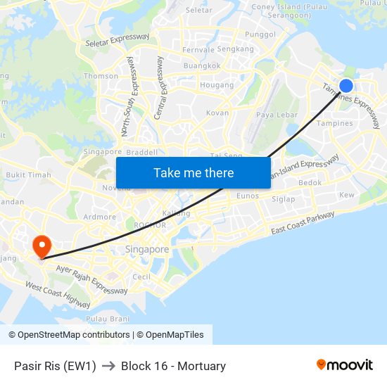 Pasir Ris (EW1) to Block 16 - Mortuary map