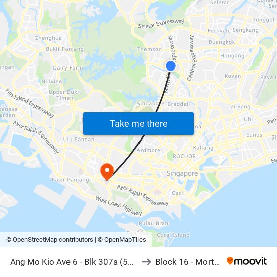 Ang Mo Kio Ave 6 - Blk 307a (54019) to Block 16 - Mortuary map