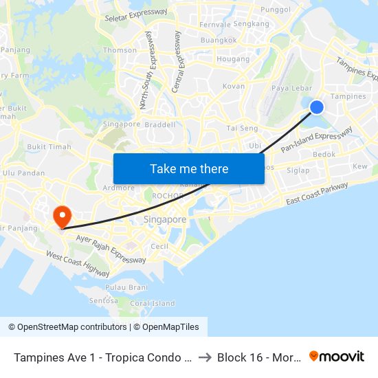 Tampines Ave 1 - Tropica Condo (75259) to Block 16 - Mortuary map