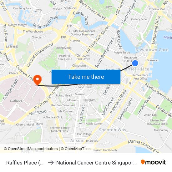 Raffles Place (EW14|NS26) to National Cancer Centre Singapore Proton Therapy Centre map
