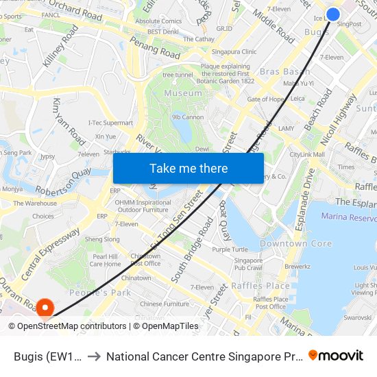 Bugis (EW12|DT14) to National Cancer Centre Singapore Proton Therapy Centre map